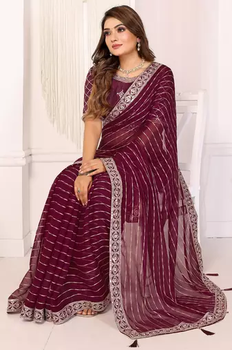 georgette embroidered & sequin work bollywood fancy saree (madhvi-wine)