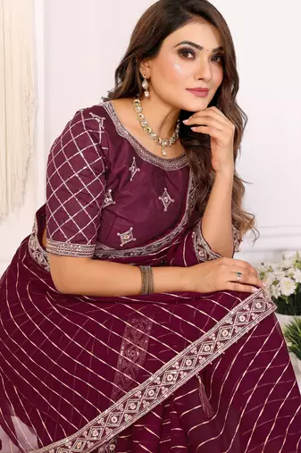 georgette embroidered & sequin work bollywood fancy saree (madhvi-wine)