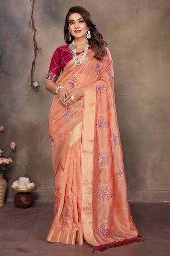 chiffon net embroidery work bollywood fancy saree (vedangi-orange)