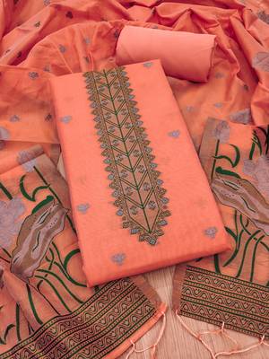 peach zari woven banarasi dress materials 1