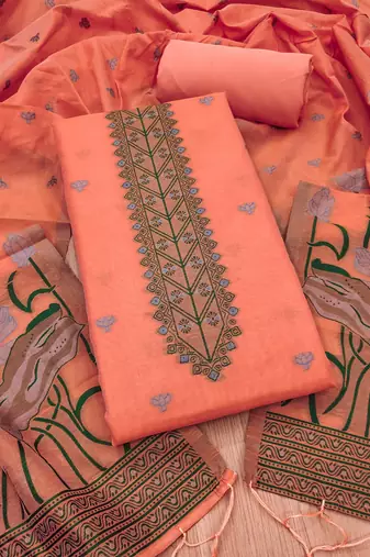 peach zari woven banarasi dress materials