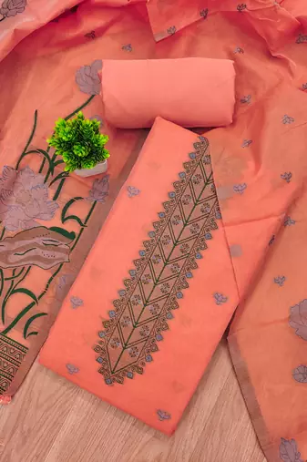 peach zari woven banarasi dress materials