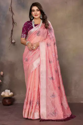 chiffon net embroidery work bollywood fancy saree (vedangi-peach)