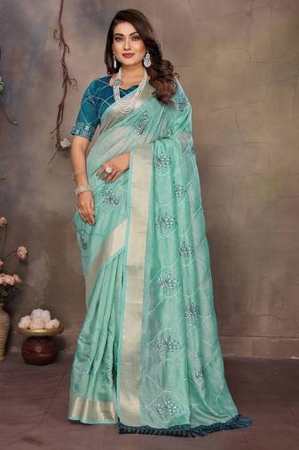 chiffon net embroidery work bollywood fancy saree (vedangi-turquoise)
