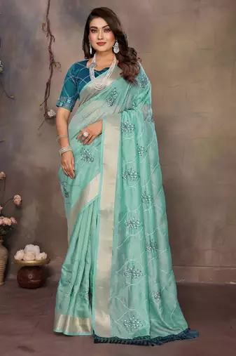 chiffon net embroidery work bollywood fancy saree (vedangi-turquoise)