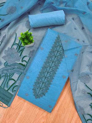 aqua blue zari woven banarasi dress materials 2