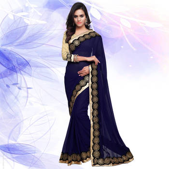 Navy Blue embroidered georgette saree with blouse 1