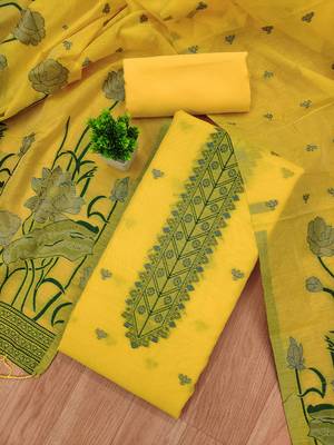 yellow zari woven banarasi dress materials 2