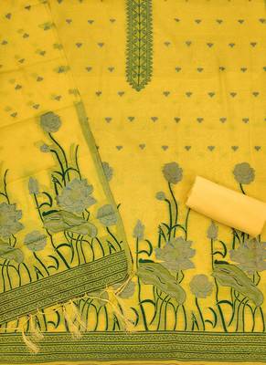yellow zari woven banarasi dress materials 3
