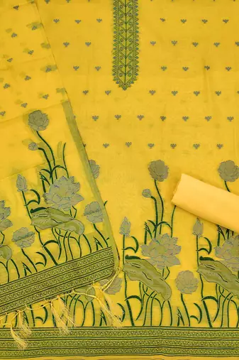 yellow zari woven banarasi dress materials
