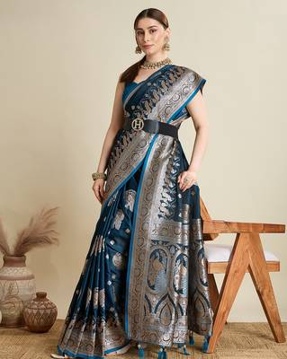 soft litchi art silk banarasi art silk jacquard saree (str-rajgharana-01-firozi) 4