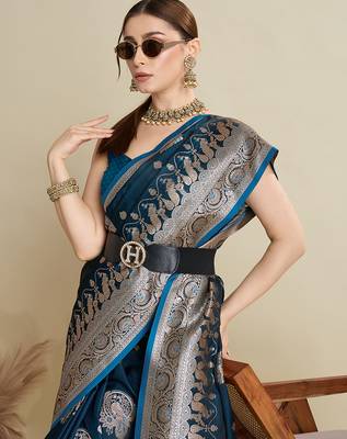 soft litchi art silk banarasi art silk jacquard saree (str-rajgharana-01-firozi) 5