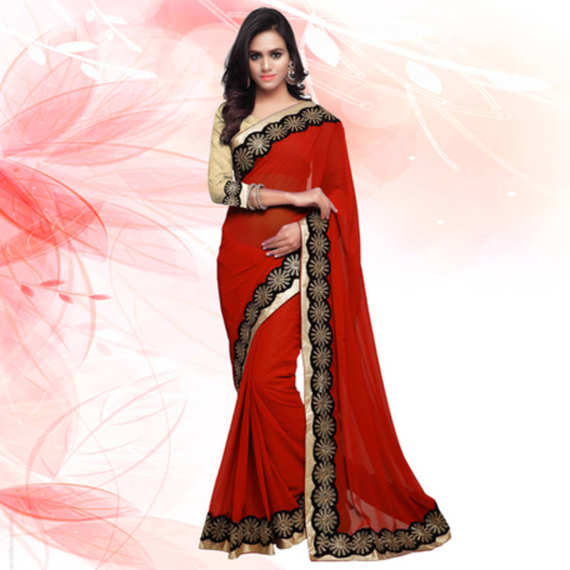 Red embroidered georgette saree with blouse