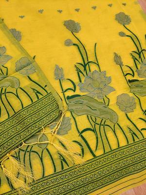yellow zari woven banarasi dress materials 4