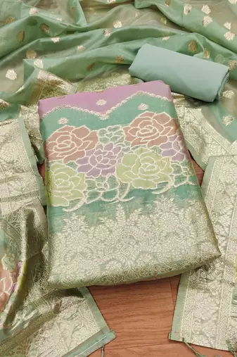 green zari woven banarasi dress materials