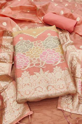 peach zari woven banarasi dress materials