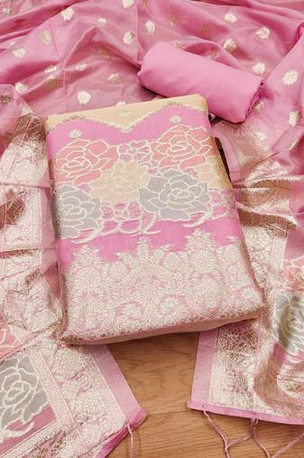 pink zari woven banarasi dress materials