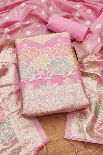 pink zari woven banarasi dress materials