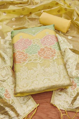 yellow zari woven banarasi dress materials