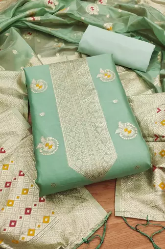 green zari woven banarasi dress materials