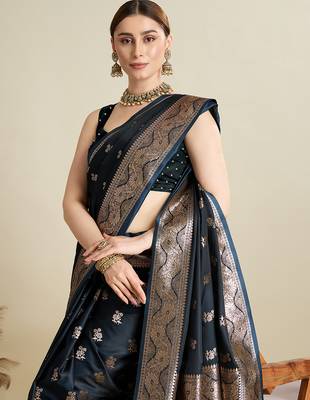 soft litchi art silk banarasi art silk jacquard saree (str-rajgharana-02-navy) 5
