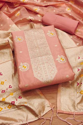 peach zari woven banarasi dress materials