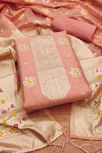 peach zari woven banarasi dress materials