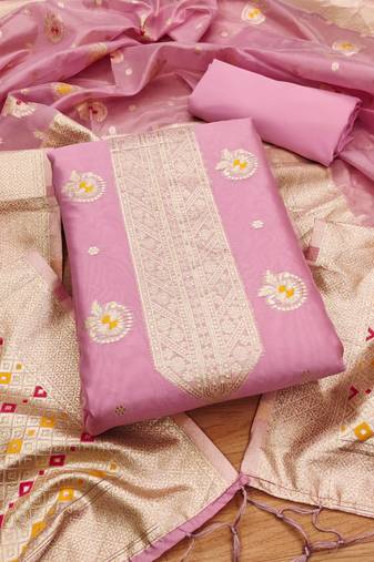 pink zari woven banarasi dress materials