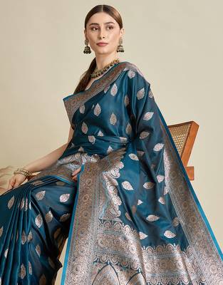 soft litchi art silk banarasi art silk jacquard saree (str-rajgharana-03-firozi) 5