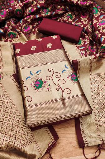 maroon zari woven banarasi dress materials