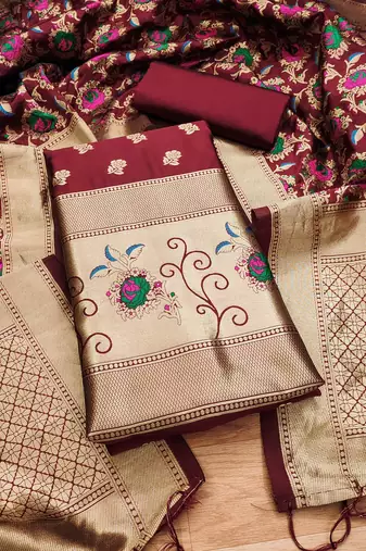 maroon zari woven banarasi dress materials