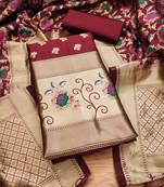 maroon zari woven banarasi dress materials