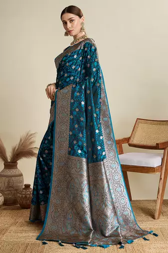 soft litchi art silk banarasi art silk jacquard saree (str-rajgharana-04-firozi)