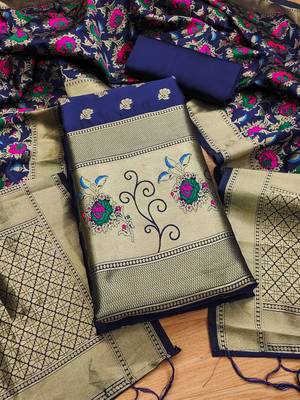 navy blue zari woven banarasi dress materials 1