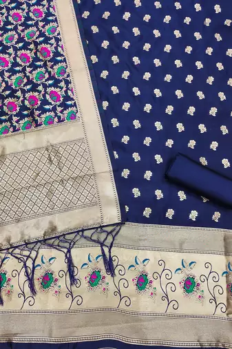 navy blue zari woven banarasi dress materials