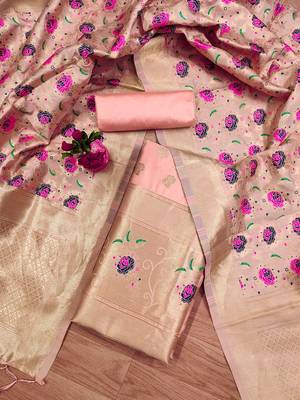 peach zari woven banarasi dress materials 2