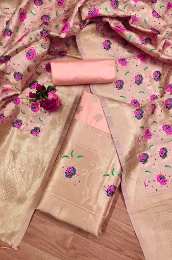 peach zari woven banarasi dress materials