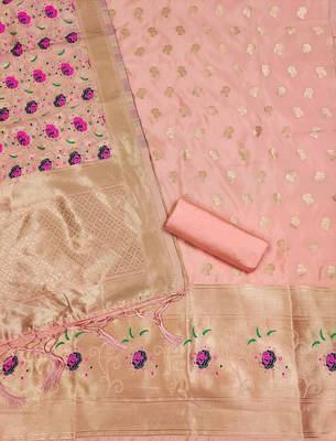 peach zari woven banarasi dress materials 3