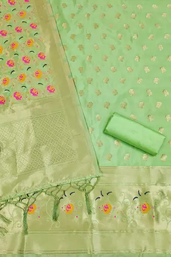 light green zari woven banarasi dress materials