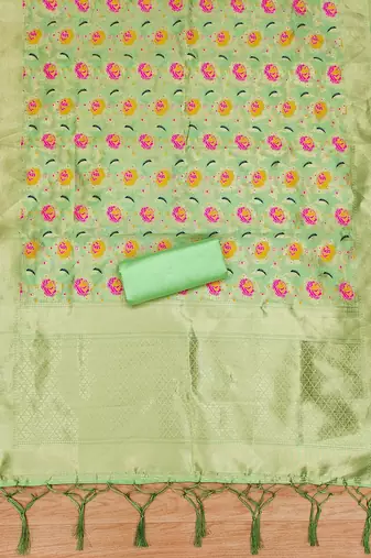 light green zari woven banarasi dress materials