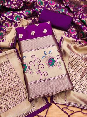 purple zari woven banarasi dress materials 1