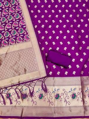 purple zari woven banarasi dress materials 3