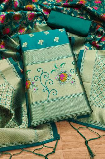 teal zari woven banarasi dress materials