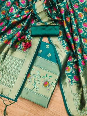 teal zari woven banarasi dress materials 2