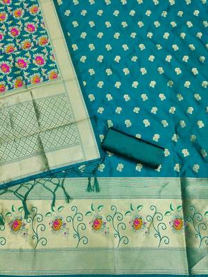 teal zari woven banarasi dress materials 3