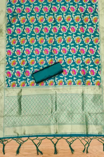 teal zari woven banarasi dress materials