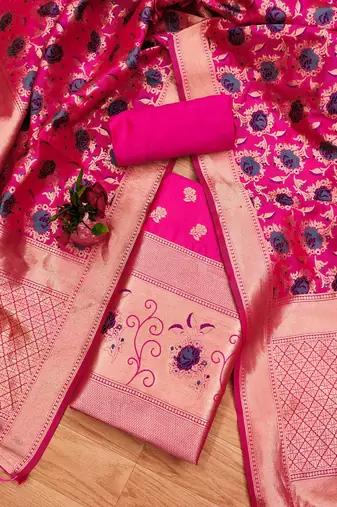 rani pink zari woven banarasi dress materials
