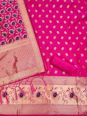 rani pink zari woven banarasi dress materials 3