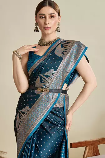 soft litchi art silk banarasi art silk jacquard saree (str-rajgharana-05-firozi)
