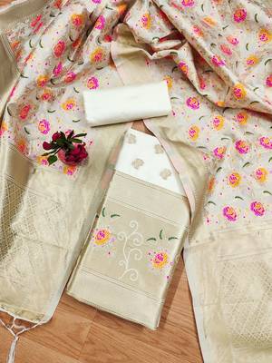 white zari woven banarasi dress materials 2